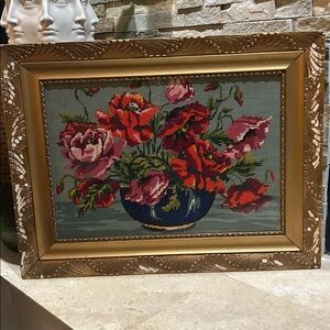 vintage floral needlepoint in ornate frame